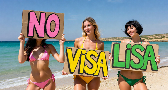 No visa required for Malta with LISA! language study holidays – students holding a sign on the beach Three female students on the beach holding a “No Visa” sign during a LISA! language study holiday in Malta