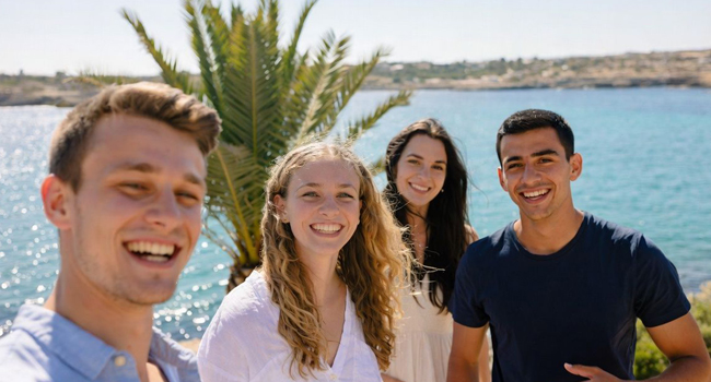 Adult participants by the sea in Malta during a LISA! language study holiday in an international group