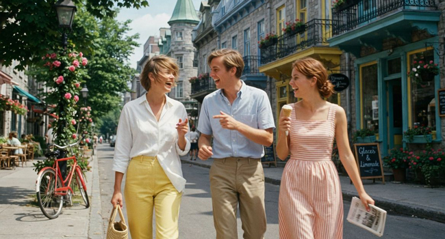 Educational leave Québec Canada with LISA! – learning French and discovering Québec in a relaxed way Adults walking through Québec during a LISA! educational leave language study holiday enjoying city life, ice cream and an international atmosphere