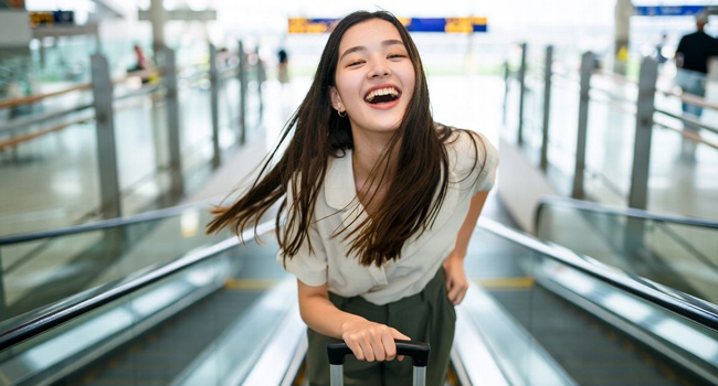 Educational leave Osaka Japan with LISA! – learning Japanese and travelling with ease Young adult with suitcase at the airport during a LISA! educational leave language study holiday excited about travelling to Osaka