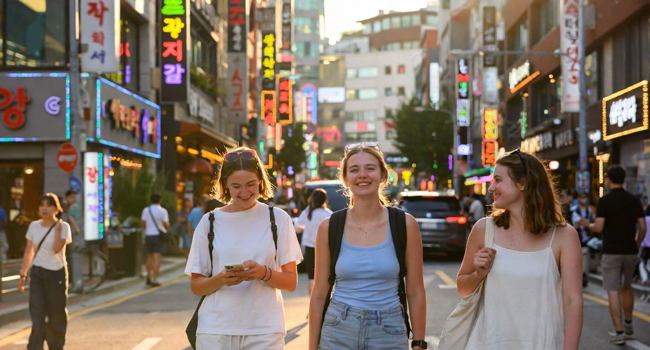 Language study holidays Seoul Hongdae with LISA! – city life, leisure and unforgettable experiences Young adults exploring Seoul in the evening during a LISA! language study holiday enjoying city life and free time