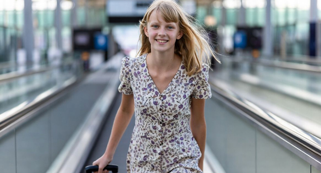 Language study holidays in England with LISA! – travel, airport and start of the adventure Schoolgirl with suitcase at the airport during a LISA! language study holiday travelling to England