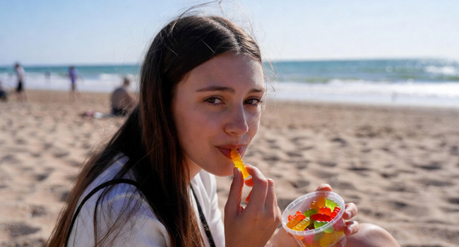 Language study holidays in England Bournemouth with LISA! – beach, leisure and small moments of enjoyment Schoolgirl on the beach in Bournemouth England during a LISA! language study holiday enjoying sweets by the sea