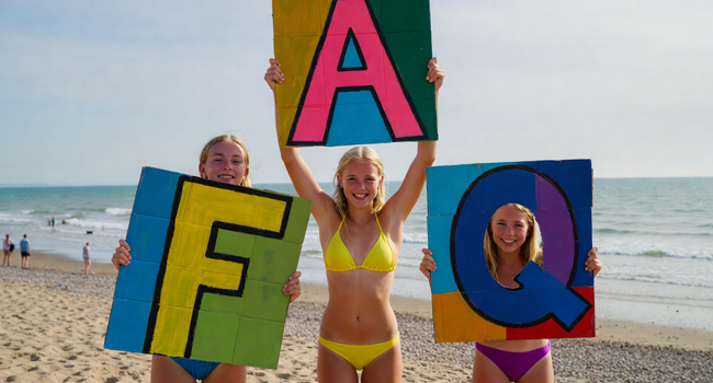 Three female students on the beach in Brighton holding large FAQ letters during a LISA! language study holiday for students in England