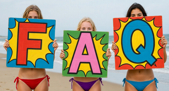 Three schoolgirls on the beach in Eastbourne holding FAQ signs during a LISA! language study holiday