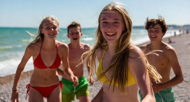 Language study holidays in Portsmouth with LISA! – booking, excitement and unforgettable seaside experiences Students on the beach in Portsmouth during a LISA! language study holiday having fun and excited about their booked trip