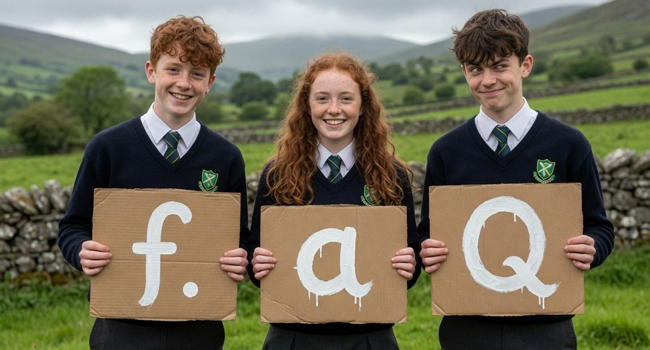 Frequently asked questions about a LISA! English language course for young learners in Ennis Students holding FAQ signs during a LISA! English language course for young learners in Ennis, Ireland