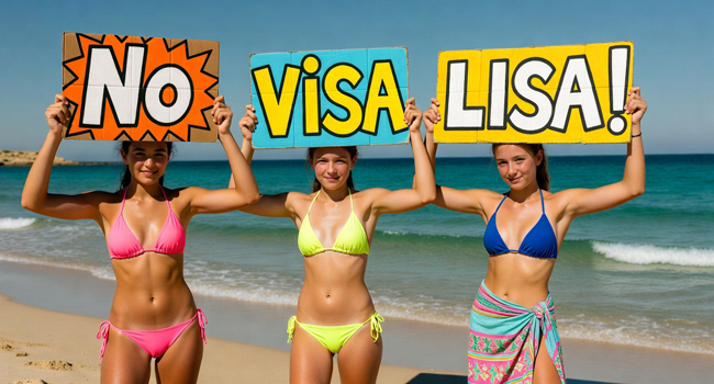 No visa required for Malta with LISA! language study holidays – students holding signs on the beach Three female students on the beach in Malta holding “No Visa LISA!” signs during a LISA! language study holiday for students