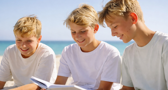 Student language study holidays in Malta with LISA! – learning English together by the beach Three students studying together by the sea during a LISA! language study holiday for students in Malta