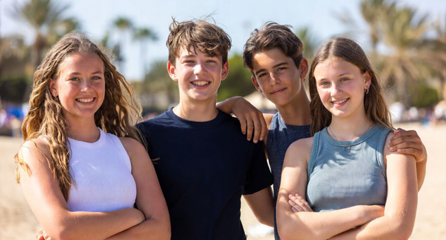 Booking a LISA! English language study holiday for students to Malta San Gwann Four teenagers in friendship on the beach on a language study holiday in Malta San Gwann