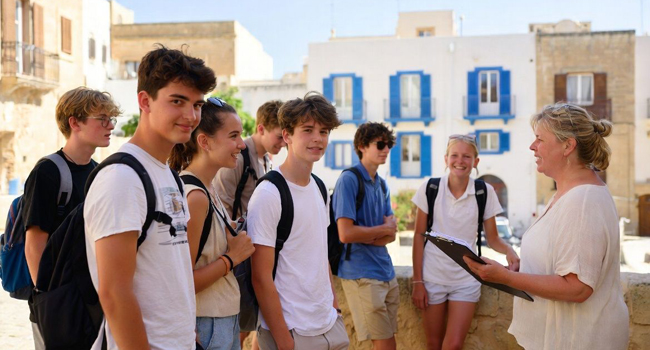 Student language study holidays in Malta with LISA! – supervision and group excursions Group of students with a supervisor during a LISA! language study holiday for students in Malta on a city tour