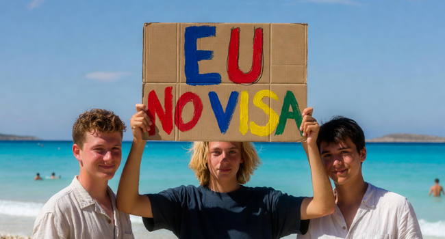 English language study trips to Malta for students without a visa for EU citizens Three students on an English language study trip in Malta hold a sign on the beach in Sliema about visa-free entry for EU citizens