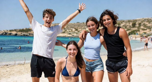 Four teenagers on a language study trip on the beach of St Julian’s Bay Four teenagers on a language study trip on the beach of St Julian’s Bay boy raising arms up