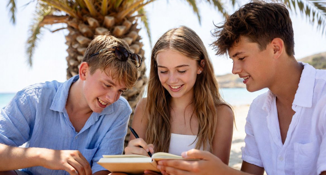 LISA language study trips students English Malta St Julian’s lessons beach palm tree Three students on language study trips in Malta St. Julian’s outside by a palm tree studying for lessons and language course