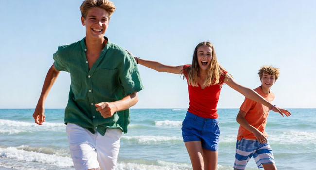 Italian language study holiday in Lignano with LISA! – beach, leisure and language adventure by the sea Teenagers enjoying the beach and sea during a LISA! language study holiday in Lignano while learning Italian in a summer atmosphere