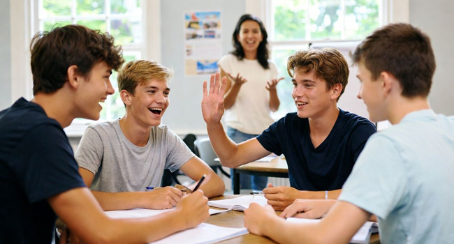 Students learning Italian in class during a LISA! Italian language course for young learners in Orbetello, Italy