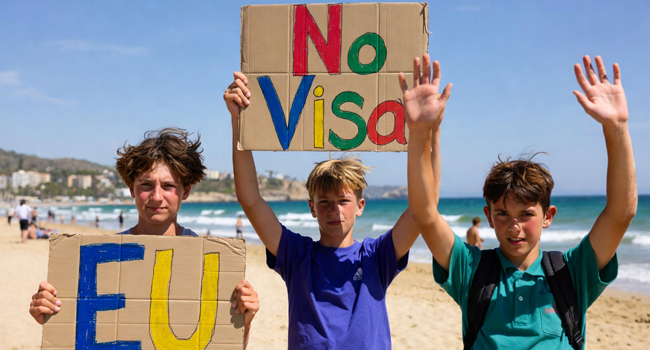 Three students on the beach in Málaga holding a cardboard sign saying “EU – No Visa” represent that no visa is required for EU students on a LISA! language study holiday in Málaga.