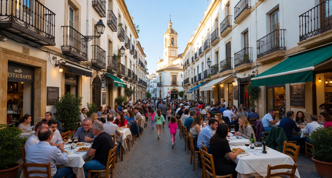 A city view of Málaga with restaurants in the old town and many people represents Málaga as a destination for a LISA! language study holiday.