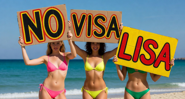 Einreise Sprachreisen Malta No VISA LISA Drei Frauen am Strand Malta halten Pappschilder mit Auffschrift No VISA LISA in die Höhe