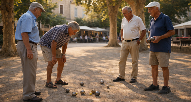 Sprachreisen Französisch Herren spielen Pétanque in Abendsonne