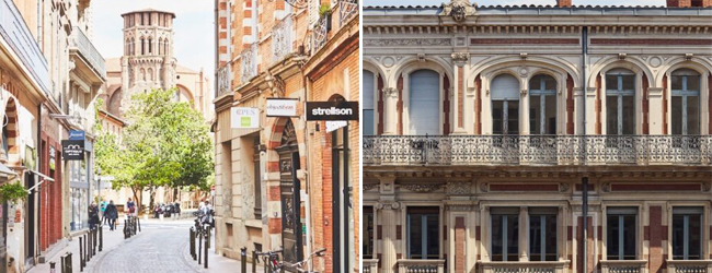 Links Blick in eine Strasse in Toulouse, rechts das Gebäude der Sprachschule